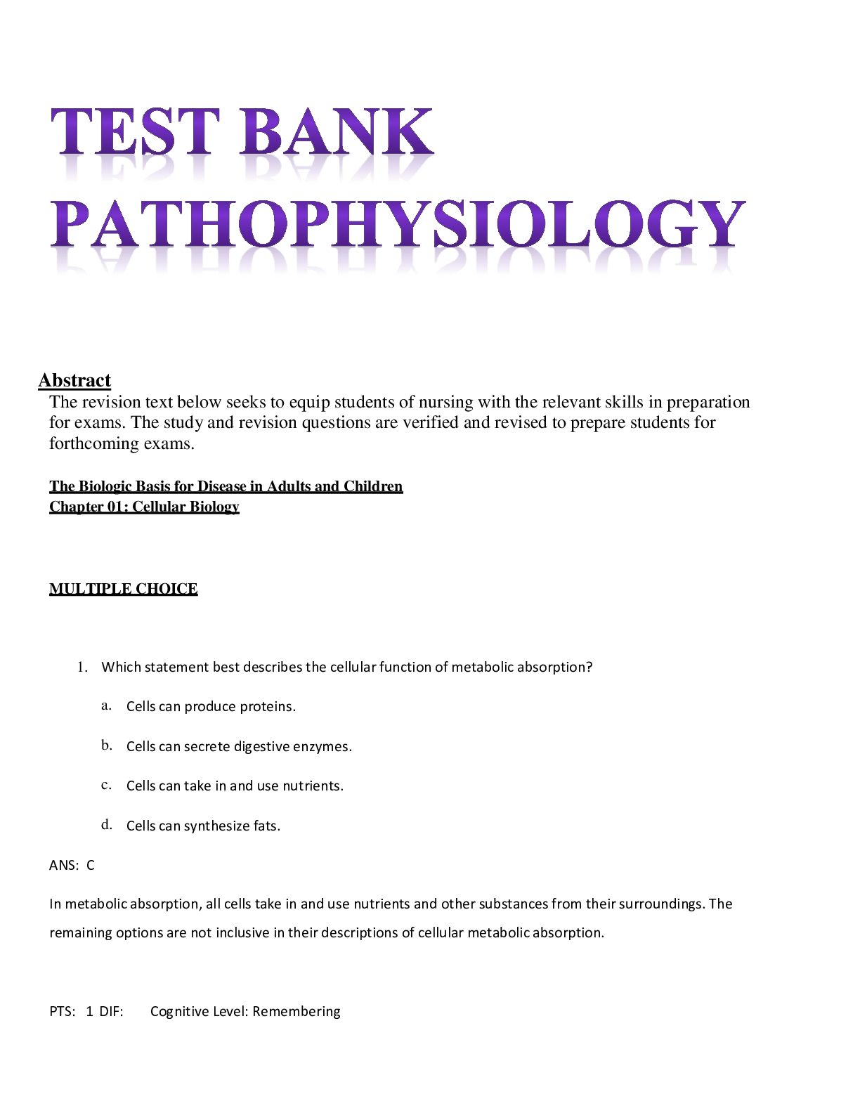 Preview image for Test Bank Pathophysiology The Biologic Basis for Disease in Adults and Children